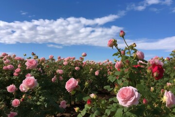 A field of pink roses with a blue sky in the background