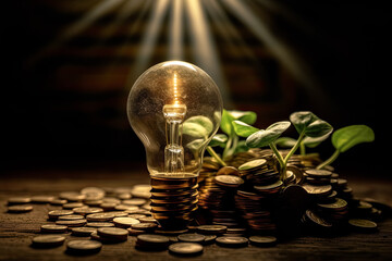 Obraz na płótnie Canvas Light bulb with stack of coins and copy space for accounting, business and creative concept.