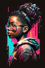 Fototapeta na wymiar Beauty portrait of african american girl wearing glasses, hip-hop style, stylish fashionable afro-american girl, street wear style, generative ai