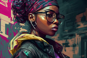 Beauty portrait of african american girl wearing glasses, hip-hop style, stylish fashionable afro-american girl, street wear style, generative ai
