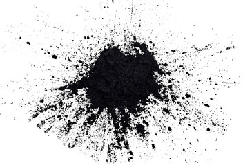 Black powder explosion isolated on white background, charcoal particles concept. Eye shadow. Graphite