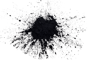 Black powder explosion isolated on white background, charcoal particles concept. Eye shadow. Graphite