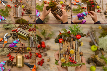 Collage autumn craft with kids. How to make autumn floral decorations. made of natural materials and old tin can, zero waste