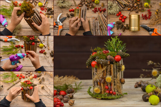 Collage autumn craft with kids. How to make autumn floral decorations. made of natural materials and old tin can, zero waste