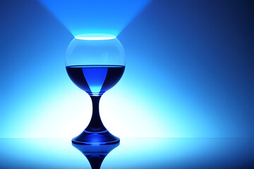 Winner goblet floating in the air, isolated in blue-red neon gradient light. Levitating objects. Minimal concept