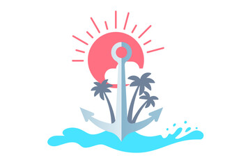 Vector sea illustration of old anchor with palm tree and red sun on white color background. Flat style design of anchor with wave © wowomnom