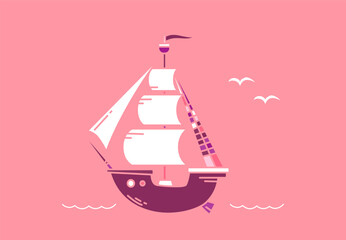 Vector sea illustration of old ship with sail on pink color background. Flat line art style design of ship with wave and gull