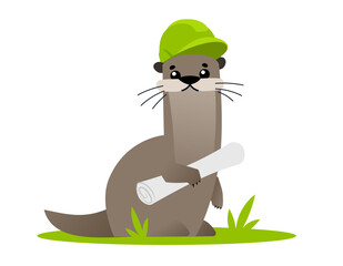Vector illustration of beautiful animal otter in safety helmet with paper roll document on white color background with green grass. Flat style design of otter with mustache