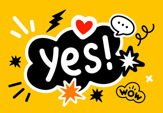 Vector illustration of word yes in cloud and flash, heart on black and yellow color background. Flat style design of word yes
