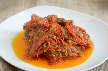  Delicious Spicy Beef Jerky (Dendeng Balado), traditional cuisine from Padang, Minangkabau, West...