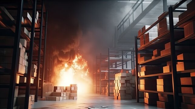 Warehouse fire with burning shelves racks, burning boxes with goods, big goods stock room in fire, black thick smoke in large warehouse, delay in delivery with large losses due to fire, generative AI