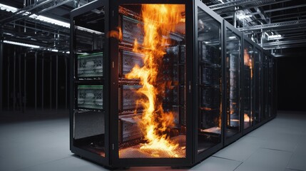 Data center fire with burning servers racks, Internet unexpected outage, big data center offline due fire in servers room, black thick smoke in computer data center, generative AI