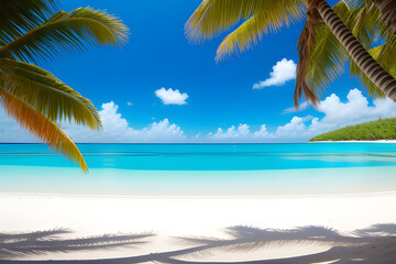 Tropical island paradise beach nature, yellow sand, blue sea water turquoise ocean, sun sky white cloud, beautiful landscape, summer holidays concept vacation template, travel banner, empty copy space