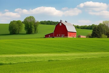 A green field with a red barn in the distance - obrazy, fototapety, plakaty