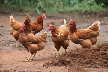 Fototapeta premium A group of chickens pecking at the ground in a dirt field