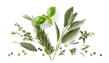 Fresh organic Mediterranean herbs and spices elements isolated over a transparent background, sage, rosemary twig and leaves, thyme, oregano, basil, green and black pepper, top view, flat lay - obrazy, fototapety, plakaty