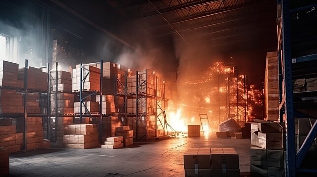 Warehouse fire with burning shelves racks, burning boxes with goods, big goods stock room in fire, black thick smoke in large warehouse, delay in delivery with large losses due to fire, generative AI