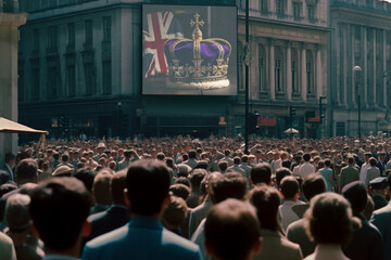 people in the square stand in front of a large screen on which the crown and the flag of Britain.