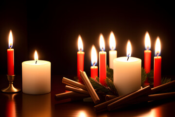 Burning candles on dark background. Mourning concept