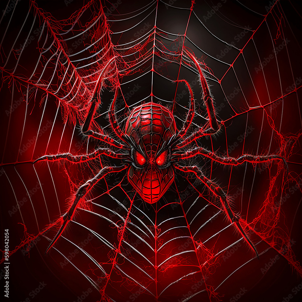 Wall mural red and black spider web. generative ai. a digital painting of a red spider and its web with a black