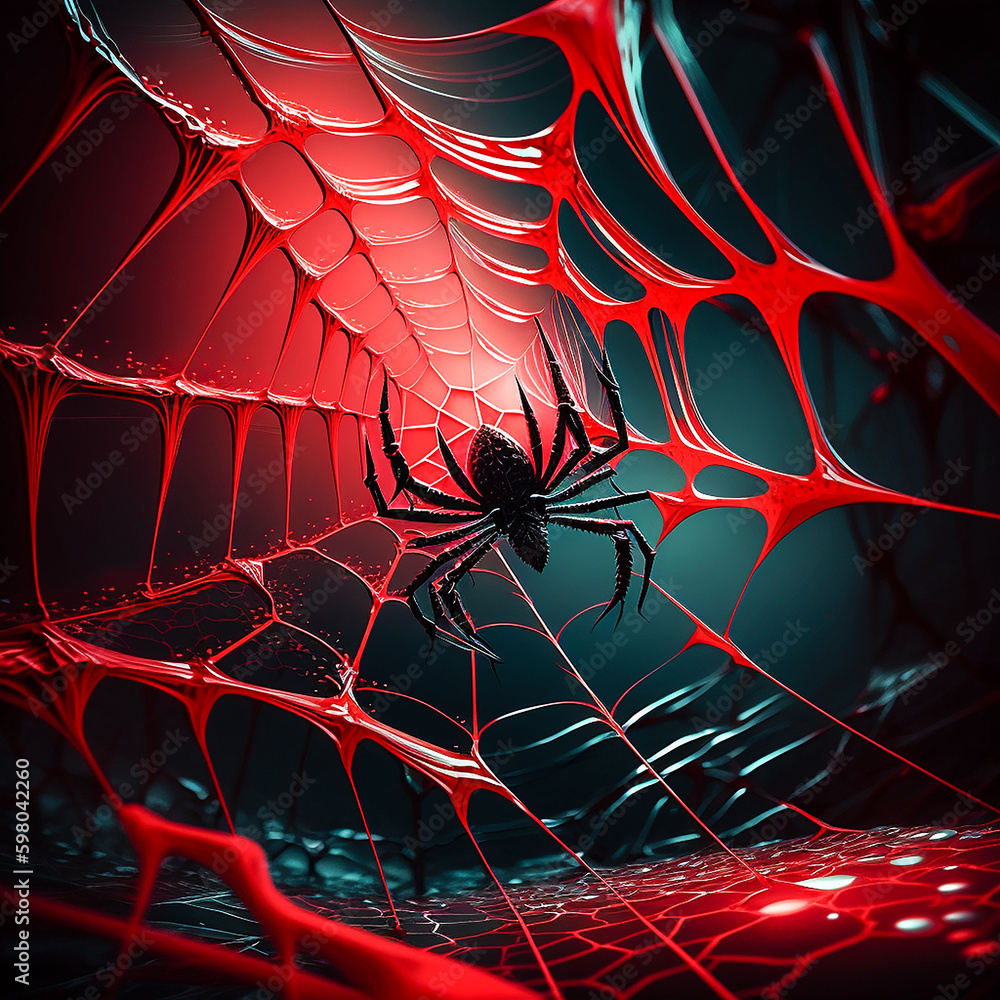 Poster red and black spider web. generative ai. a digital painting of a red spider and its web with a black