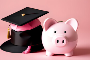 Piggy bank with graduation hat on pink background