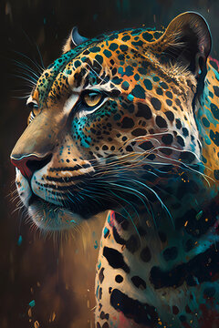 Fierce jaguar depicted in a striking neon  colors. The bold and vibrant design is perfect for a variety of creative projects, such as posters, digital art, and advertising.