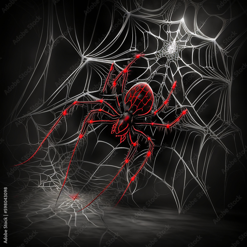 Sticker red and black spider web. generative ai. a digital painting of a red spider and its web with a black