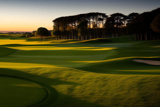 Beautiful landscape of a golf course in St Andrews during golden hour