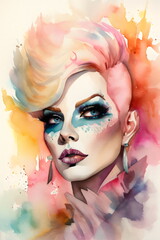 fashion watercolor of beautiful woman with pink mohawk shaved head and editorial blue makeup, made with generative ai