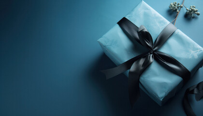 Beautifully Wrapped Present with Blue Paper and Ribbon on Soft Blue Background