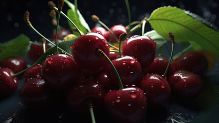 Fototapeta na wymiar Juicy red cherries on a black background