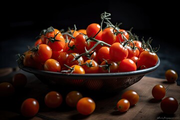 Fototapeta na wymiar Amazing cherry tomatoes in a bowl on a dark background, fresh vegetables, Italian cuisine