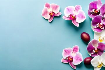Flat lay orchids flowers on pastel blue background with copy space