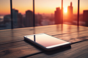 Blank empty mobile phone screen on wooden tabel over window with sunset and skyscaper city view background, generative ai