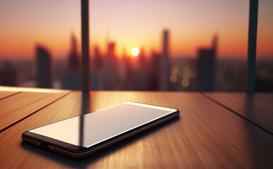 Blank empty mobile phone screen on wooden tabel over sunset and skyscaper city view background, generative ai