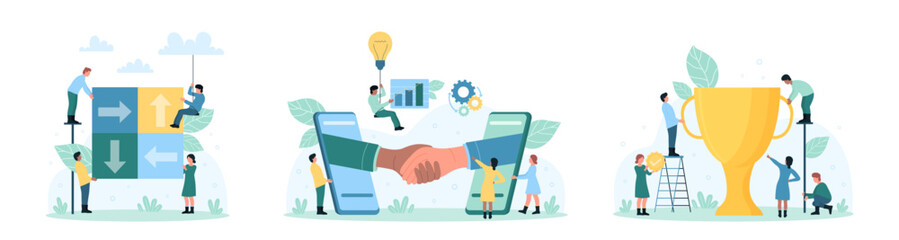 Cooperation, partnership set vector illustration. Cartoon handshake of business people and partners from mobile phone screens, tiny people connect puzzle together, celebrate win with golden cup