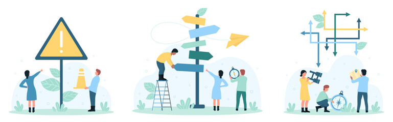Making complex choice, way or strategy set vector illustration. Cartoon tiny people choose direction of path by arrows on road signpost, pointing to warning sign, standing with map and binoculars