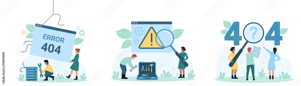 Poster error 404, internet message set vector illustration. cartoon tiny people search network problem and 
