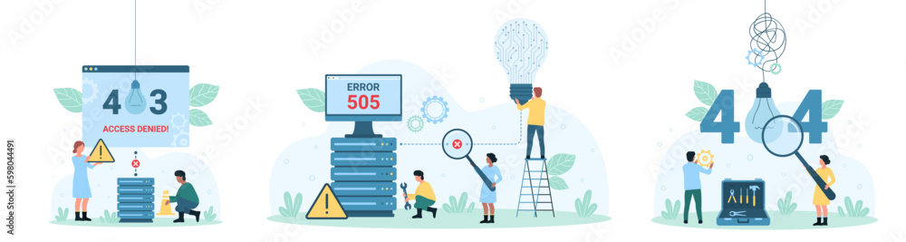 Poster network error set vector illustration. cartoon tiny people from tech support service holding light b
