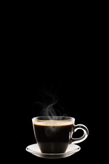Close up a cup of a black hot coffee with smoke on black background with copy space. Created with Generative AI Technology