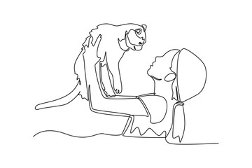 Single one line drawing girl holding her cat. Urban pets concept. Continuous line draw design graphic vector illustration.
