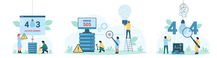 Network error set vector illustration. Cartoon tiny people from tech support service holding light bulb, magnifying glass and warning message about 403 access denied, server error 505 and 404