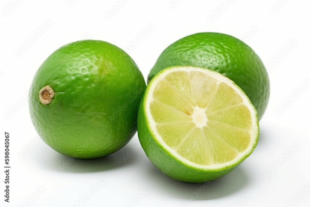 Poster two whole limes and one lime cut in half isolated on a white background. generative ai generative ai