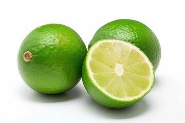 two whole limes and one lime cut in half isolated on a white background. Generative AI Generative AI