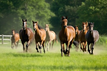 Naklejka na ściany i meble A group of horses running in a green pasture