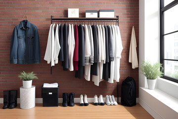 Rack with clothes and accessories hanging on brick wall