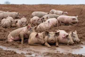 A group of pigs rolling in the mud in a dirt field