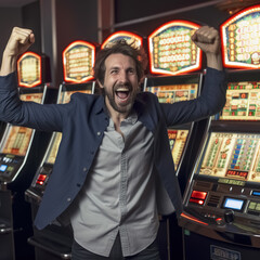 Mann gewinnt am Glücksspiel-Automaten, generative AI, generative, AI