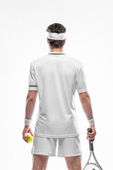 Tennis player on a white background. Sports betting app ad. Download a photo for advertising tennis in a magazine, in the news on the website, on the billboard in social networks.